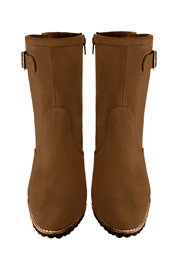 Caramel brown women's ankle boots with buckles on the sides. Round toe. High block heels. Top view - Florence KOOIJMAN